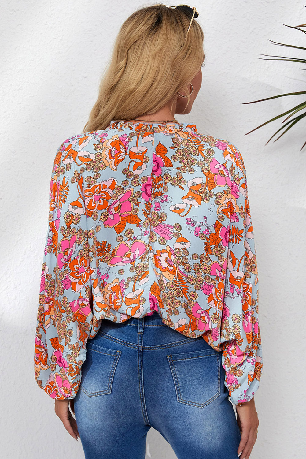 Blue Frilled Off Shoulder Floral Blouse