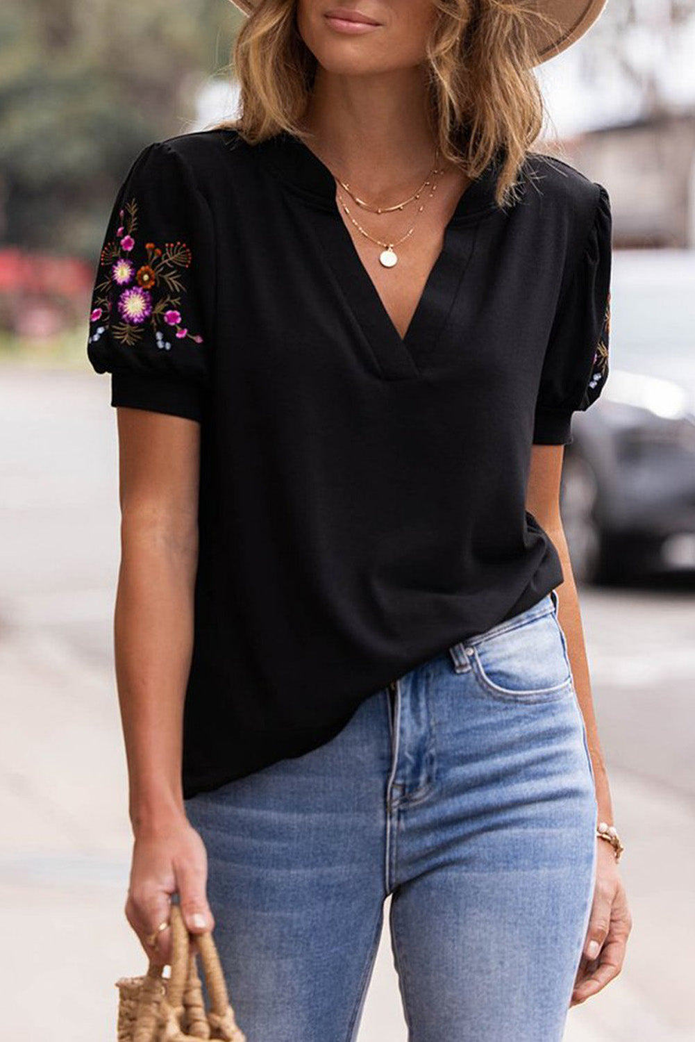 Floral Embroidered Sleeve Notch Neck Top