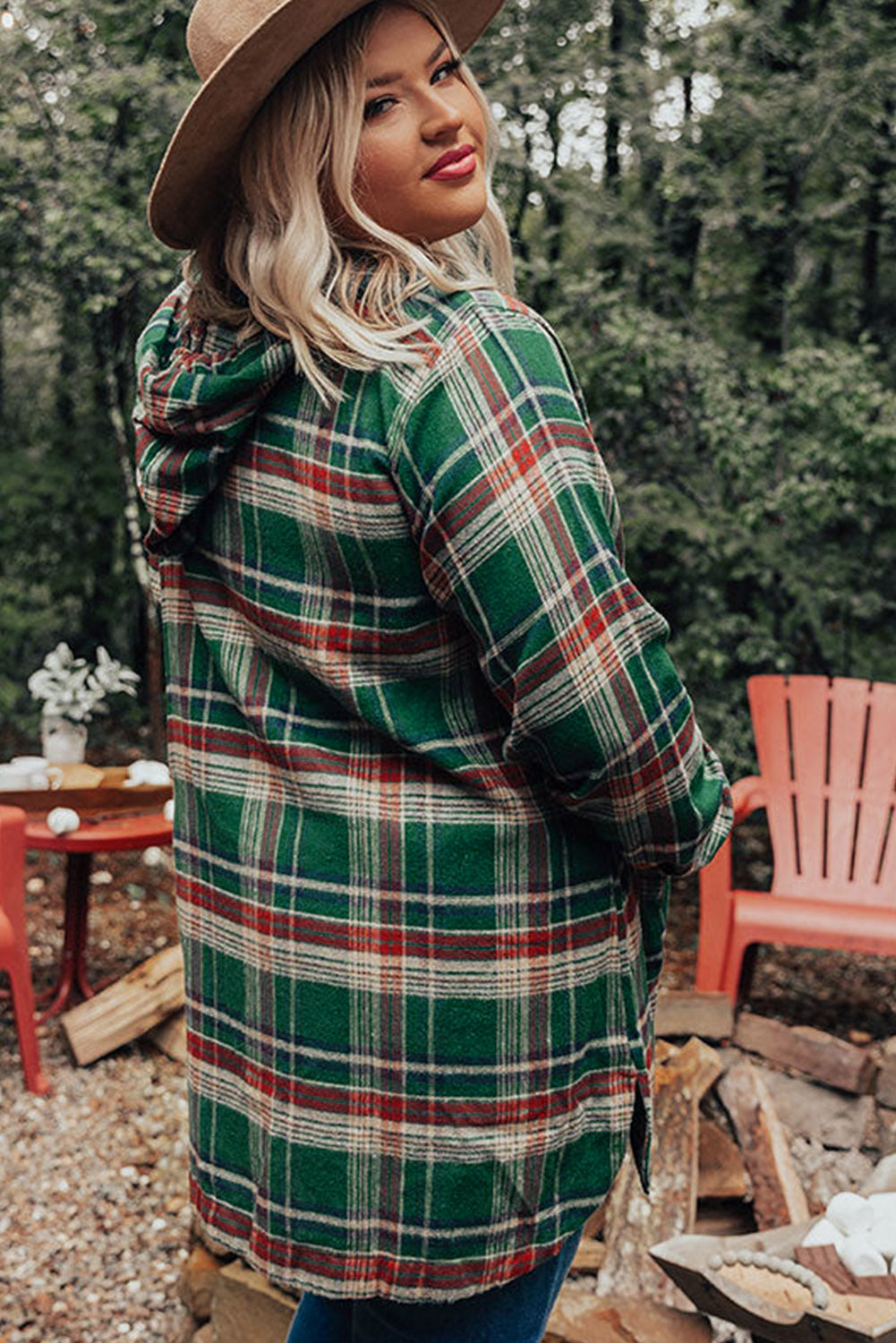 Red Plus Size Plaid Kangaroo Pocket Drawstring Hoodie