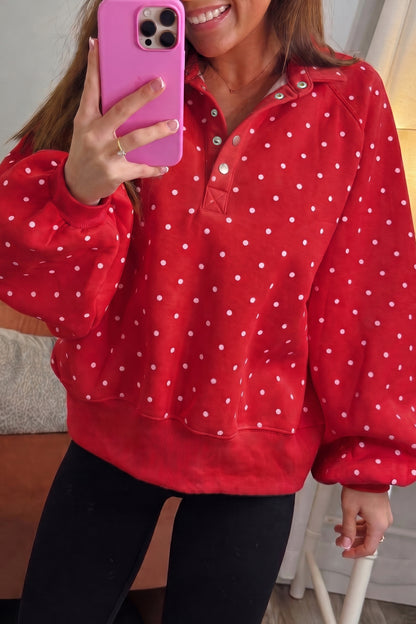 White Polka Dot Print Metal Button Collar Casual Pullover Sweatshirt
