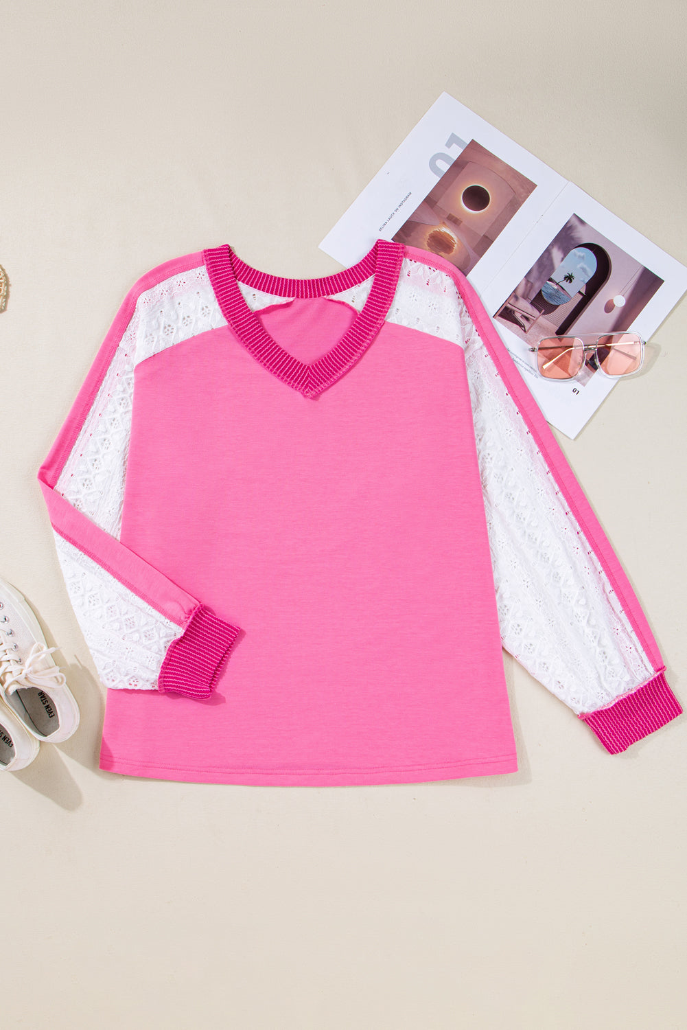 Bonbon Lace Patchwork Corded Trim Plus Size Long Sleeve Top