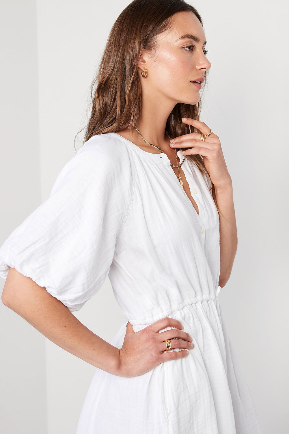 Puff Sleeve Drawstring Shirt Dress with Pockets