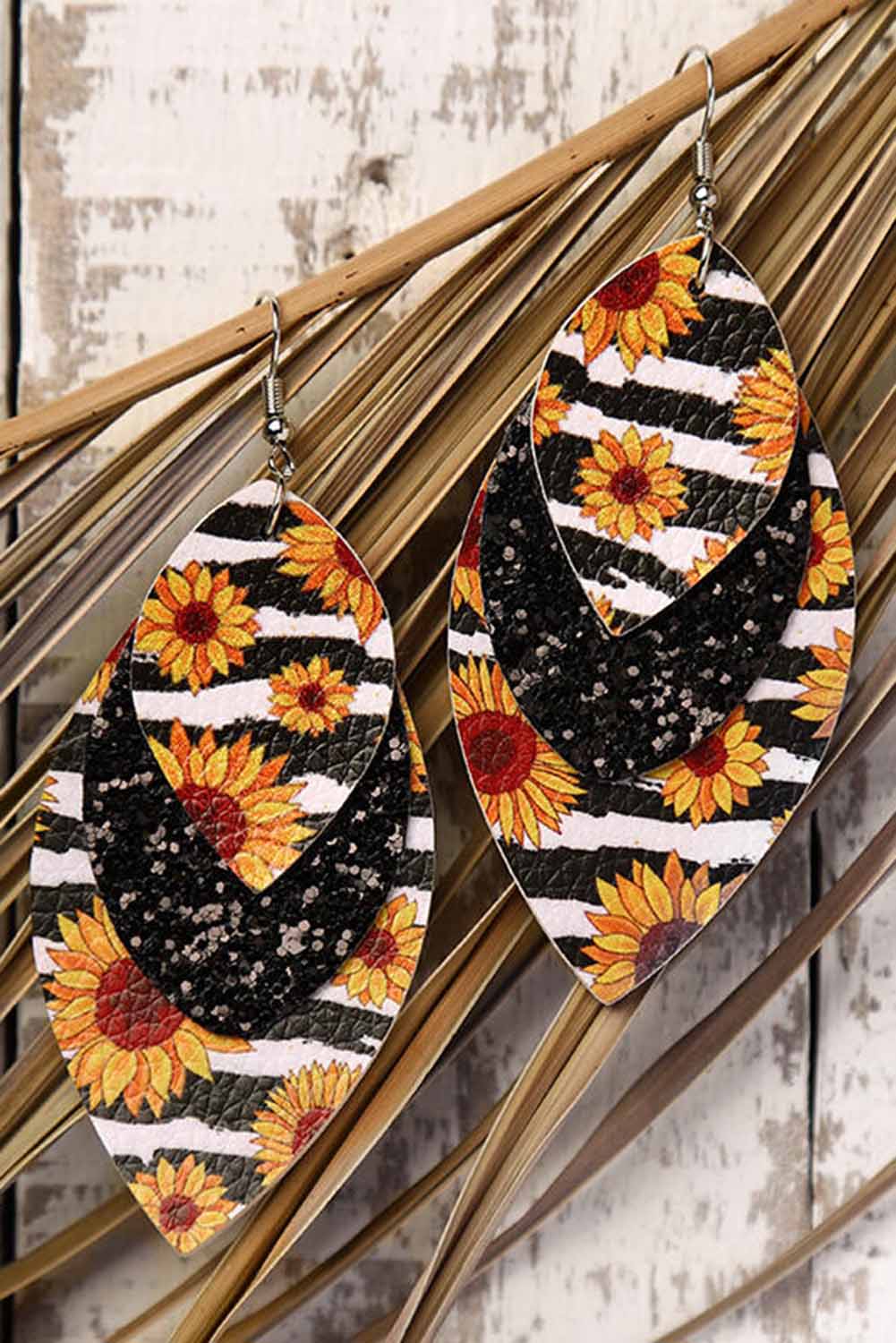 Sunflower Black Sequined Leaf Multi-Layered Leather Earrings