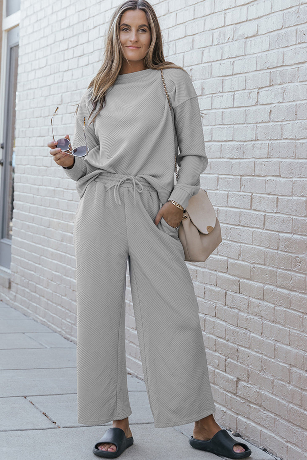 Light Grey Plus Size Textured Casual Two-Piece Pants Set