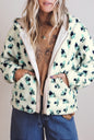 White Floral Print Faux Fur Hooded Metal Zip-up Winter Jacket