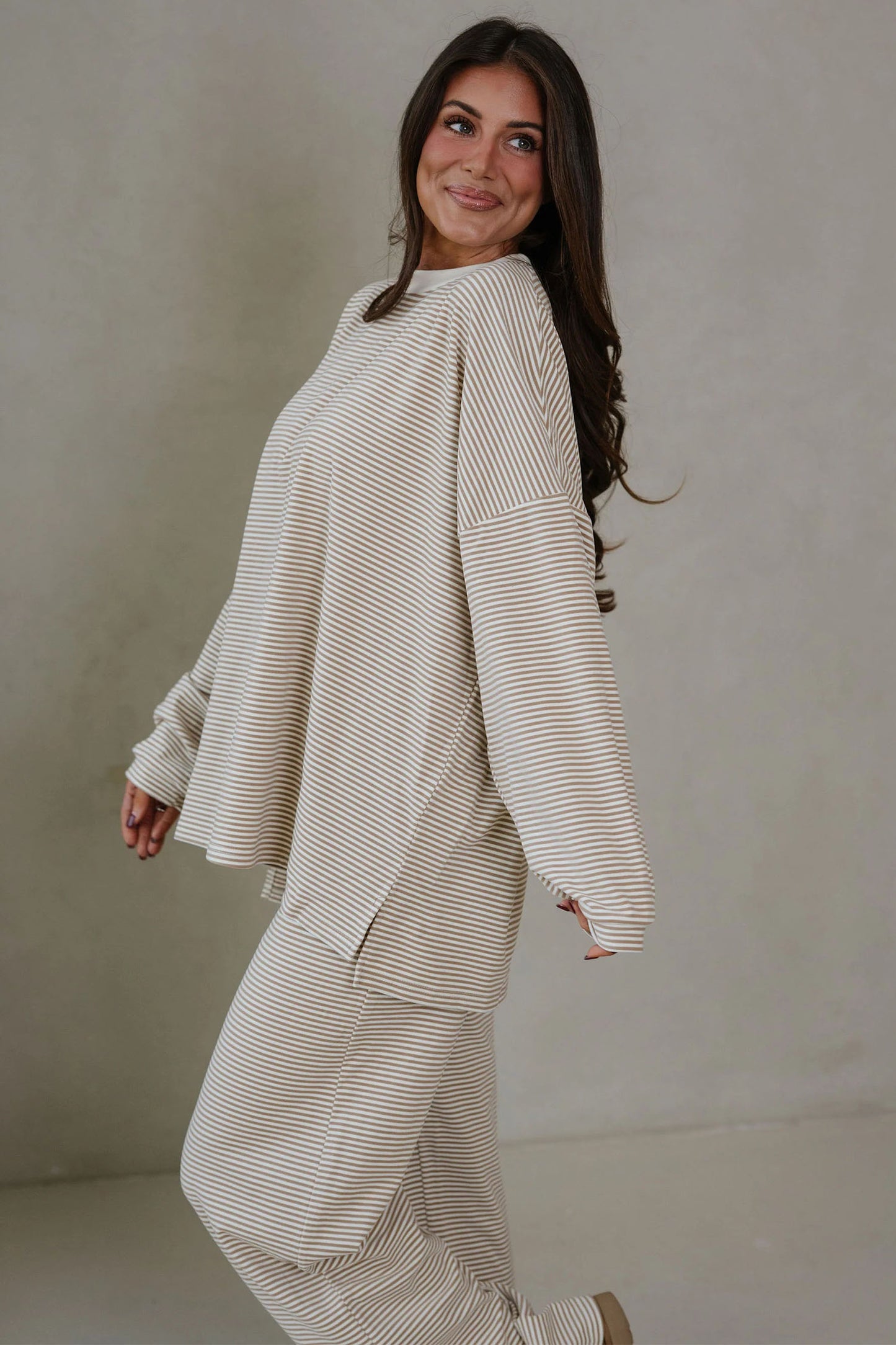 Pink Striped Drop Shoulder Long Sleeve Pant Set
