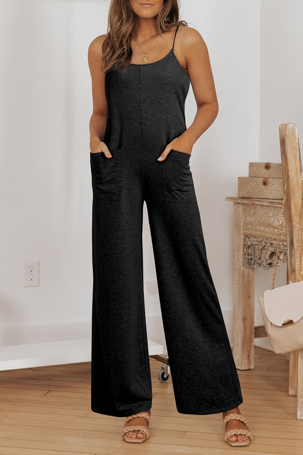 Gray Plus Size Solid Color Spaghetti Straps Wide Leg Jumpsuit