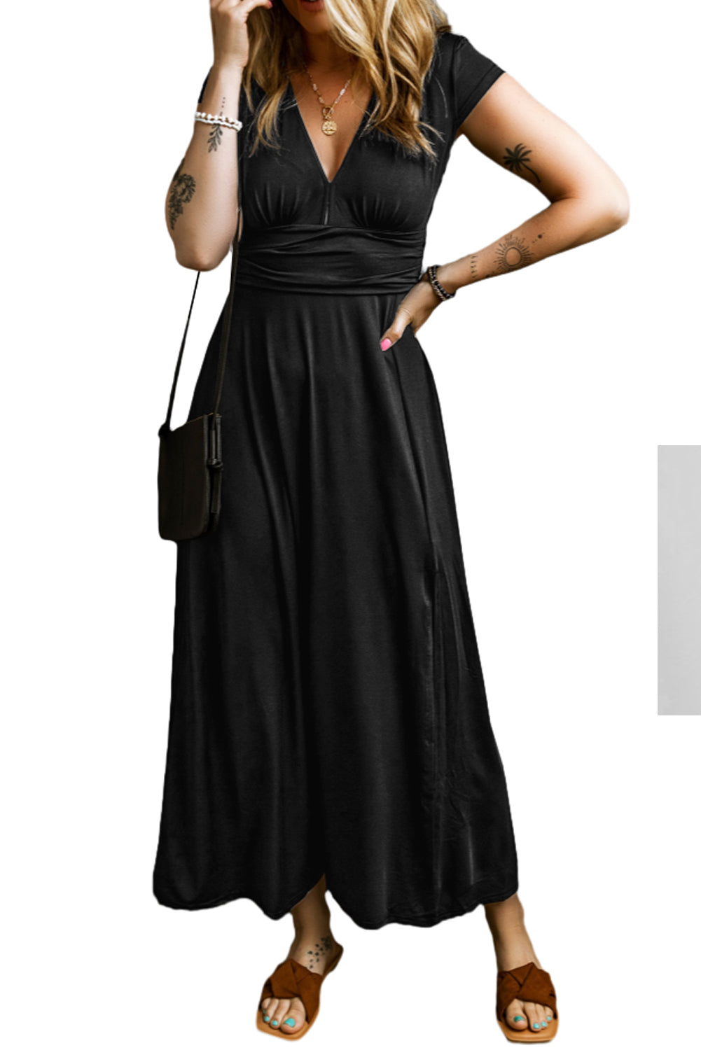 Black Short Sleeve Shirred High Waist V Neck Maxi Dress