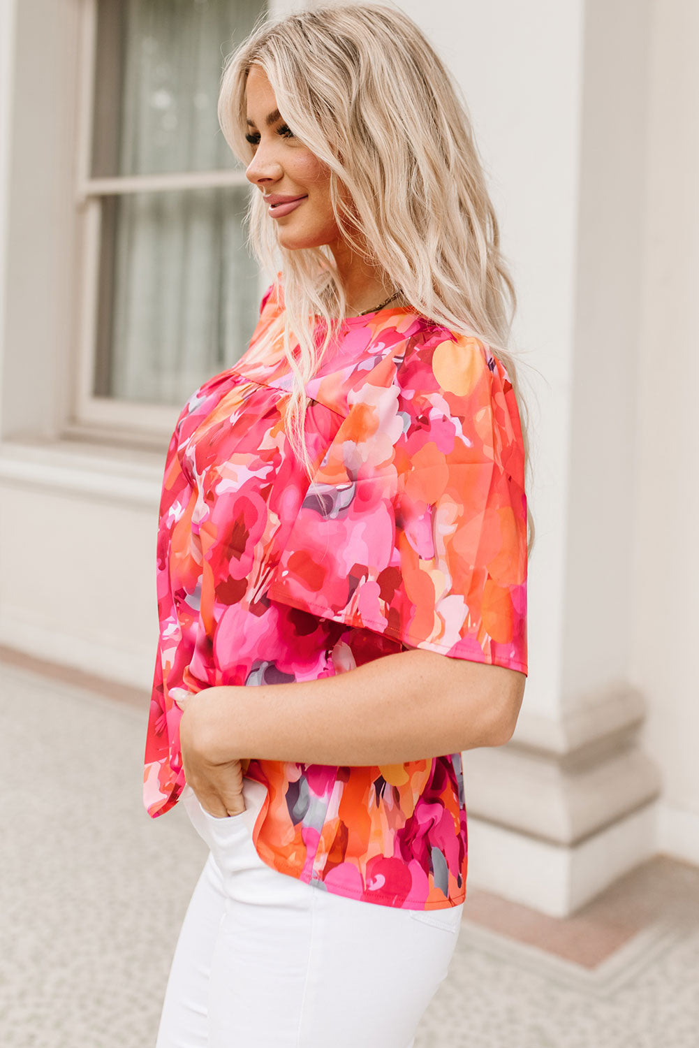 Red Floral Print Split Neck Tassel Tie Blouse