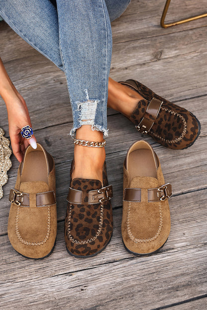 Khaki Faux Suede PU Leather Patchwork Retro Buckle Slip On Shoes