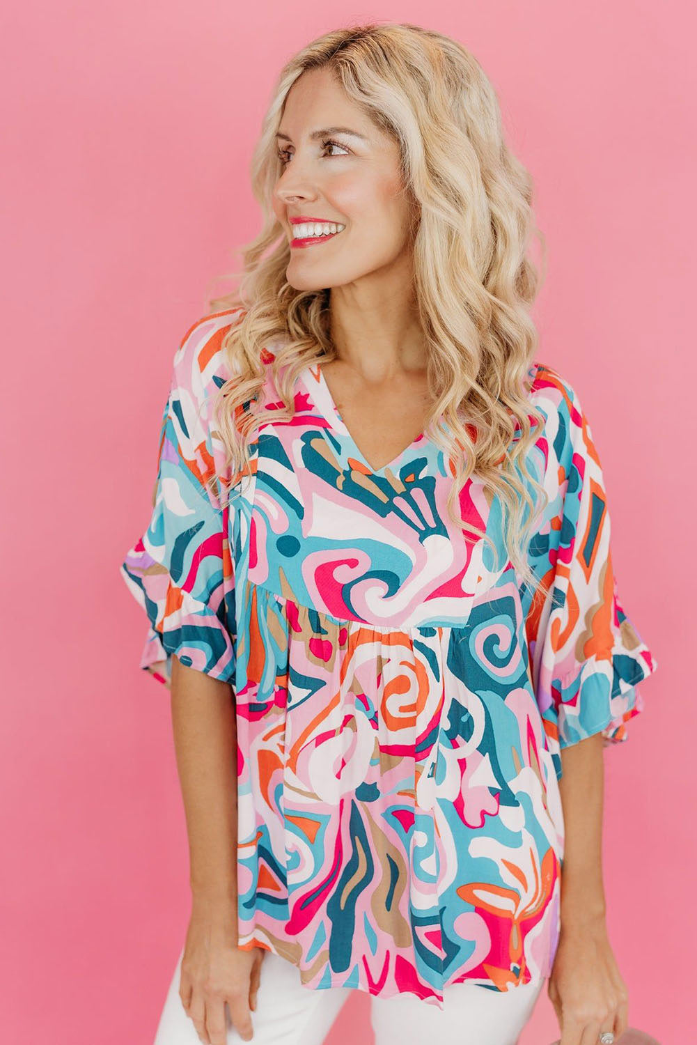 Abstract Print Ruffle V Neck Blouse