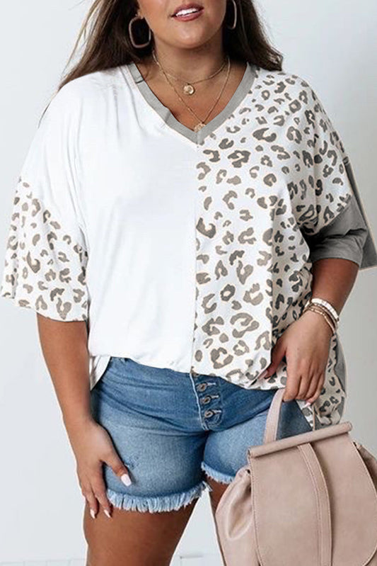 Leopard Patchwork Short Sleeve Plus Size Top