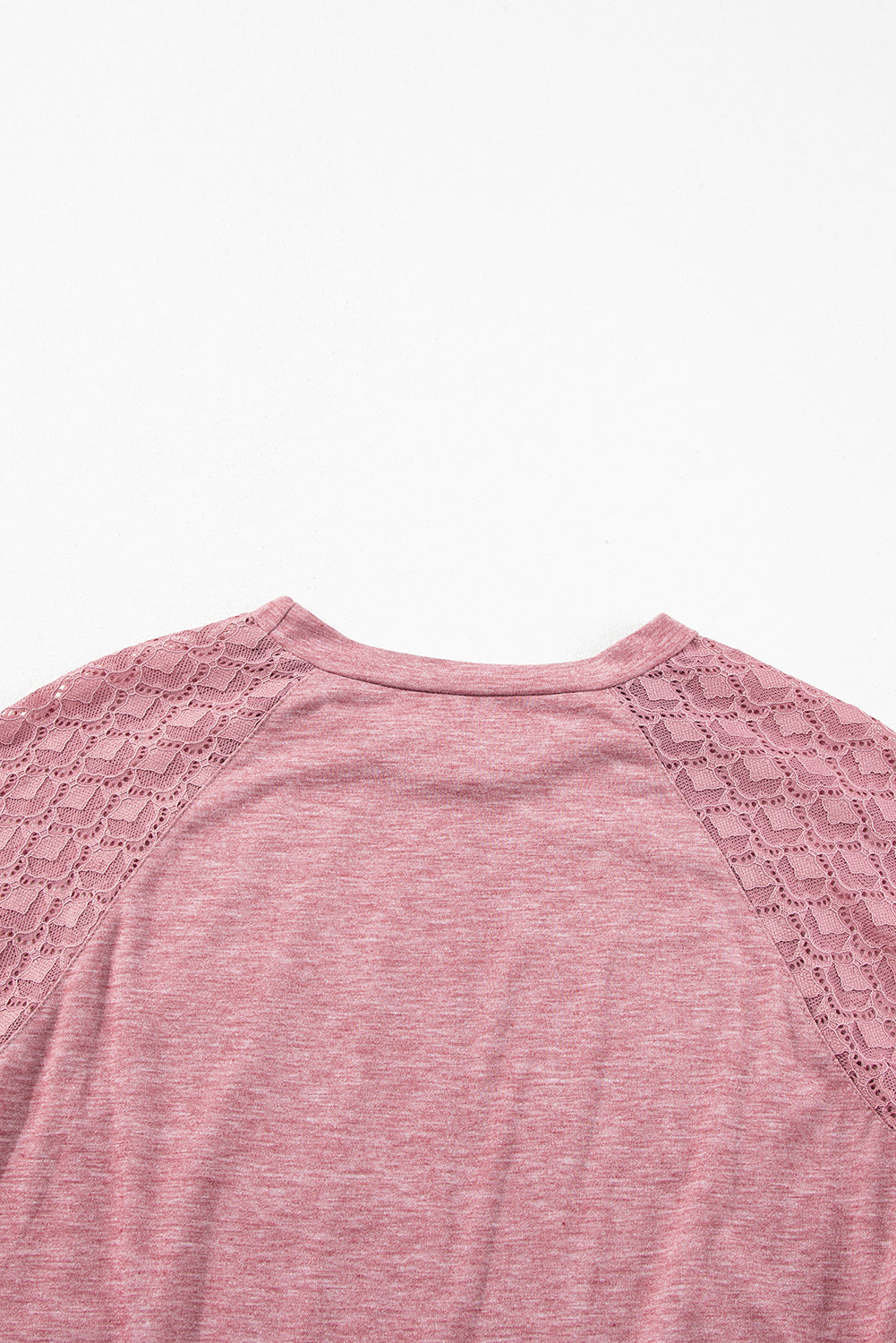 Rose Pink Contrast Lace Raglan Sleeve Plicate Round Neck Top