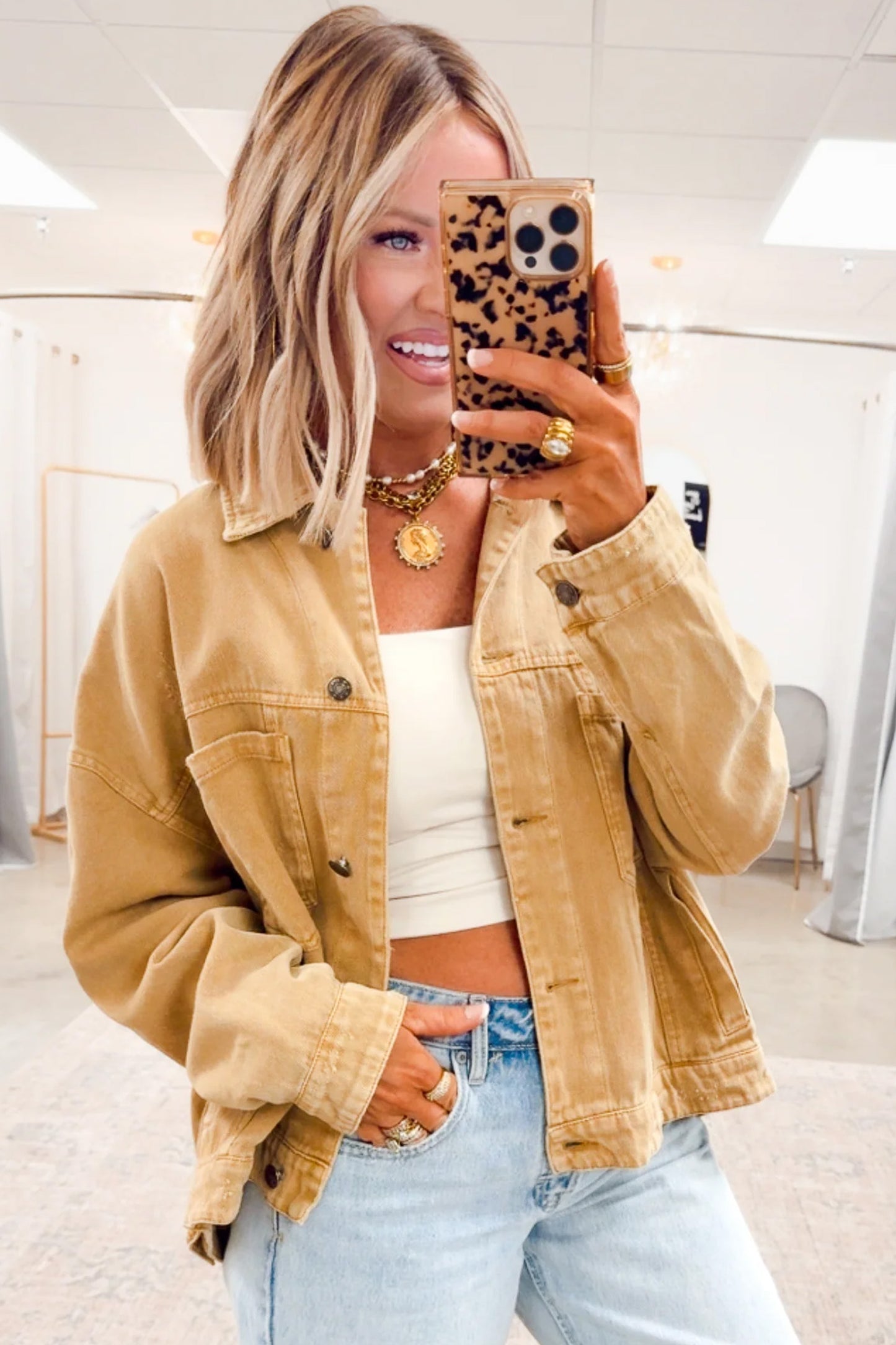honey gold Metal Button Front Long Sleeve Collar Denim Jacket