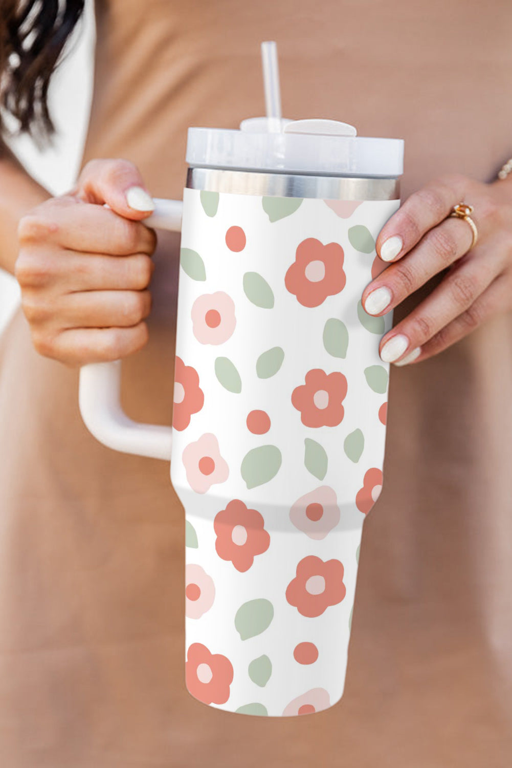 White 60s Floral Print Stainless Large Portable Cup