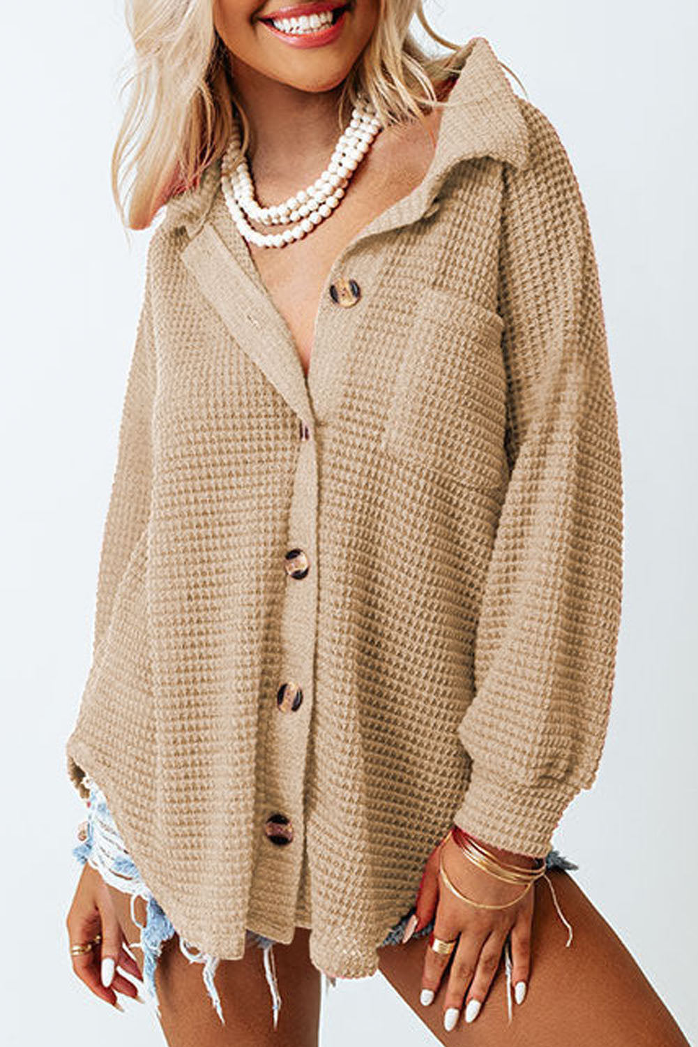 Khaki Waffle Knit Button Up Casual Shirt