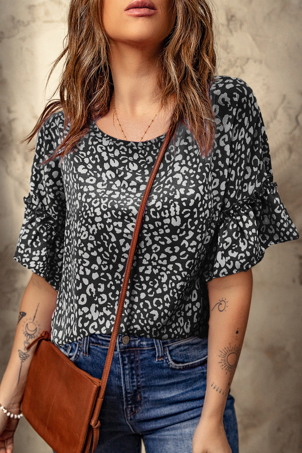 Leopard Spotted Ruffle Sleeve T-Shirt