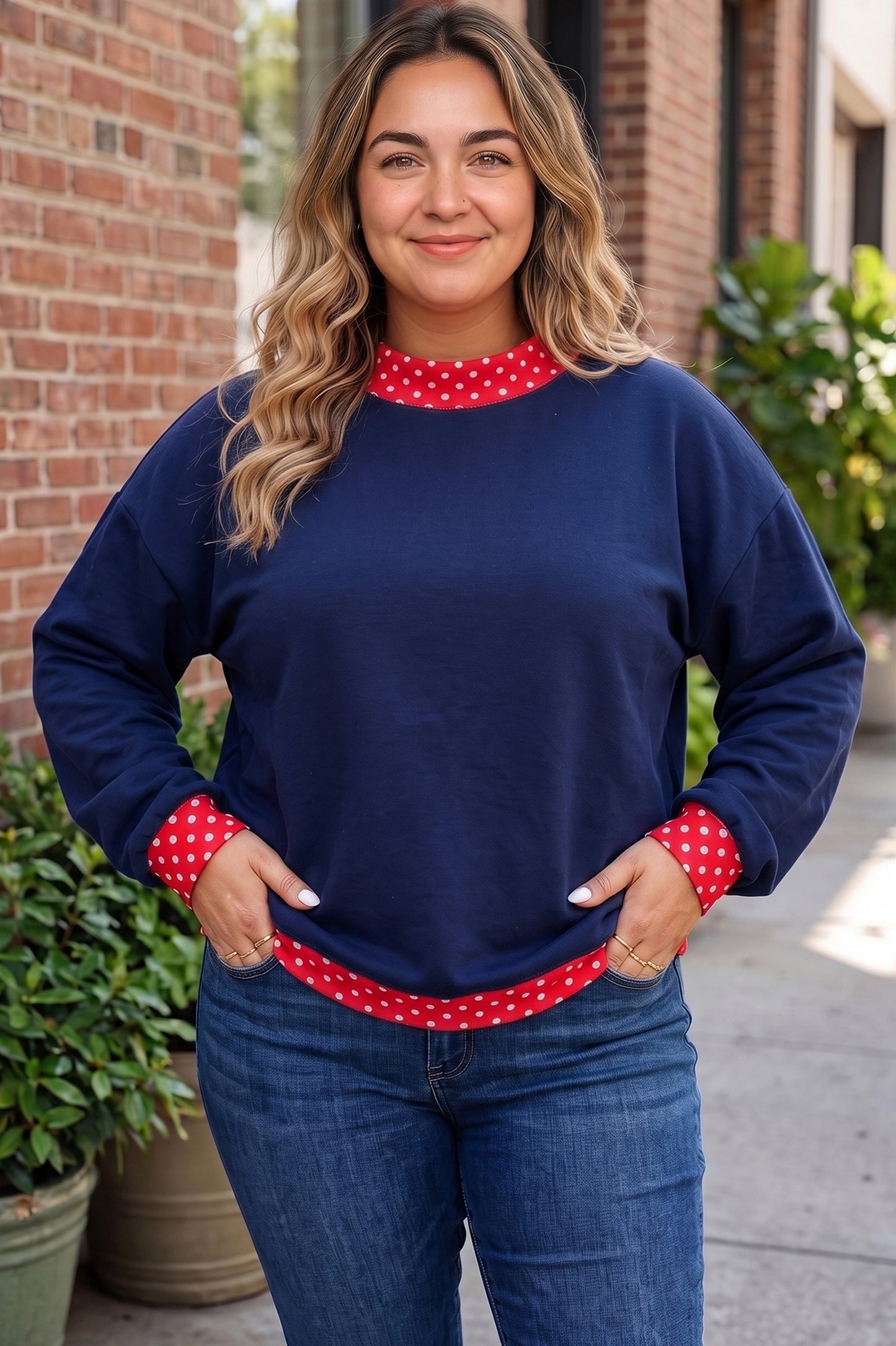 Dirty blue Polka Dot Patchwork Round Neck Plus Size Sweatshirt