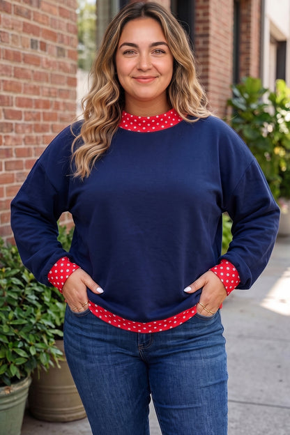 Dirty blue Polka Dot Patchwork Round Neck Plus Size Sweatshirt