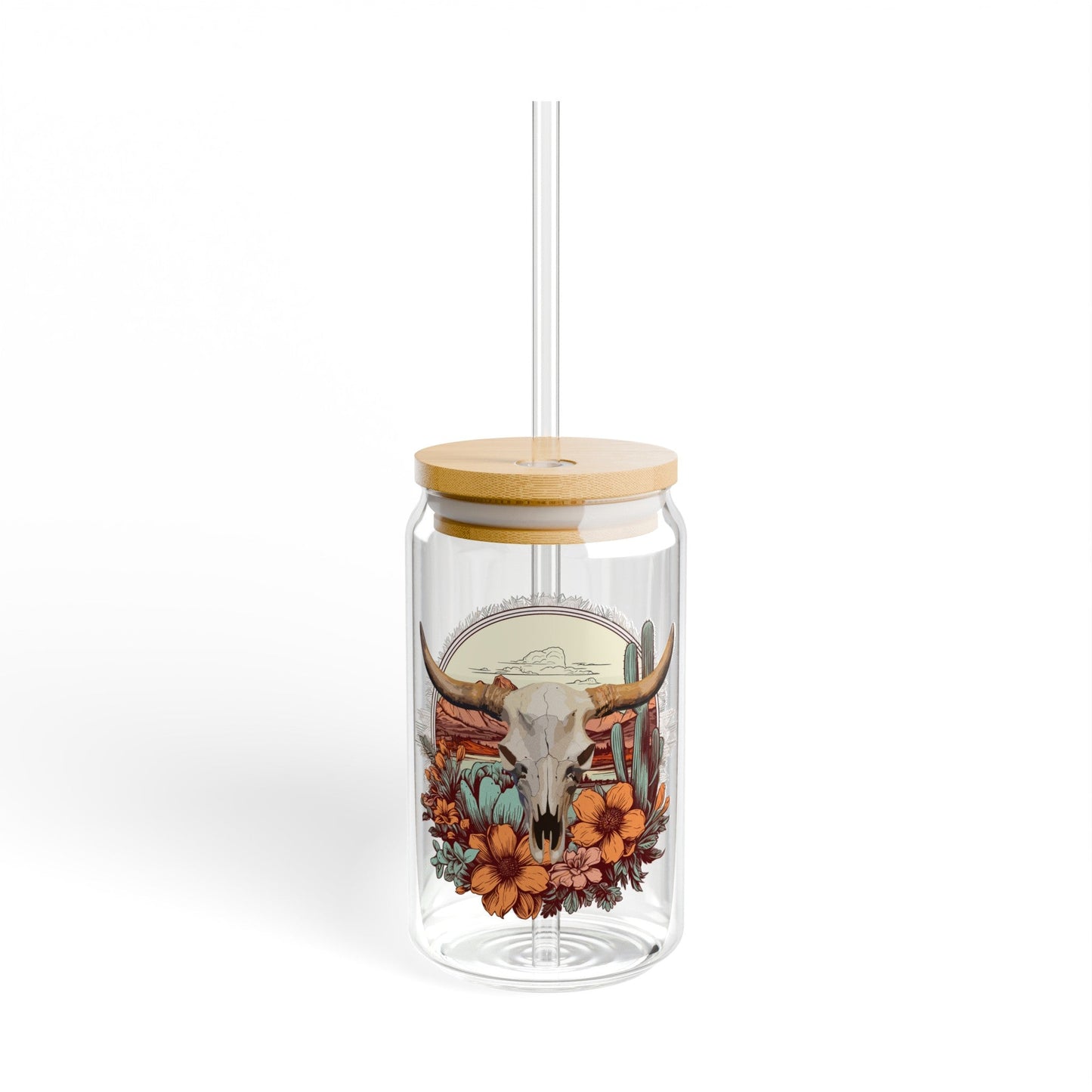 Floral Longhorn Skull Sipper Glass, 16oz