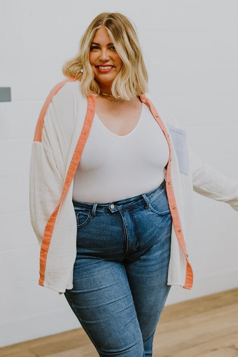 Crinkle Colorblock Chest Pocket Plus Size Shirt