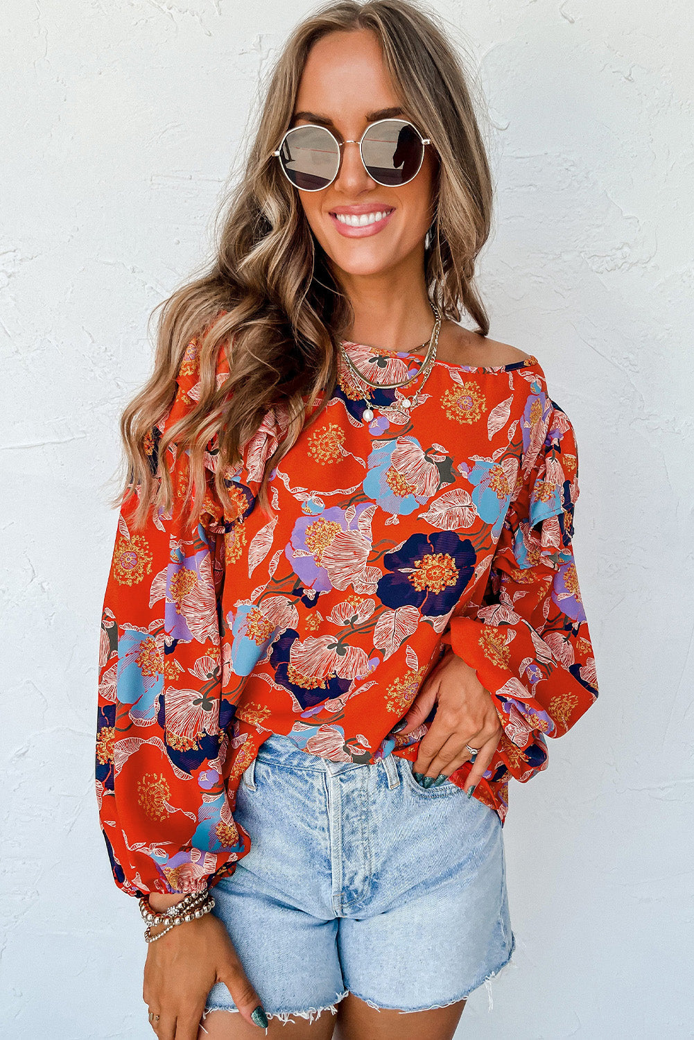 Ginger Floral Print Ruffle Puff Sleeve Blouse