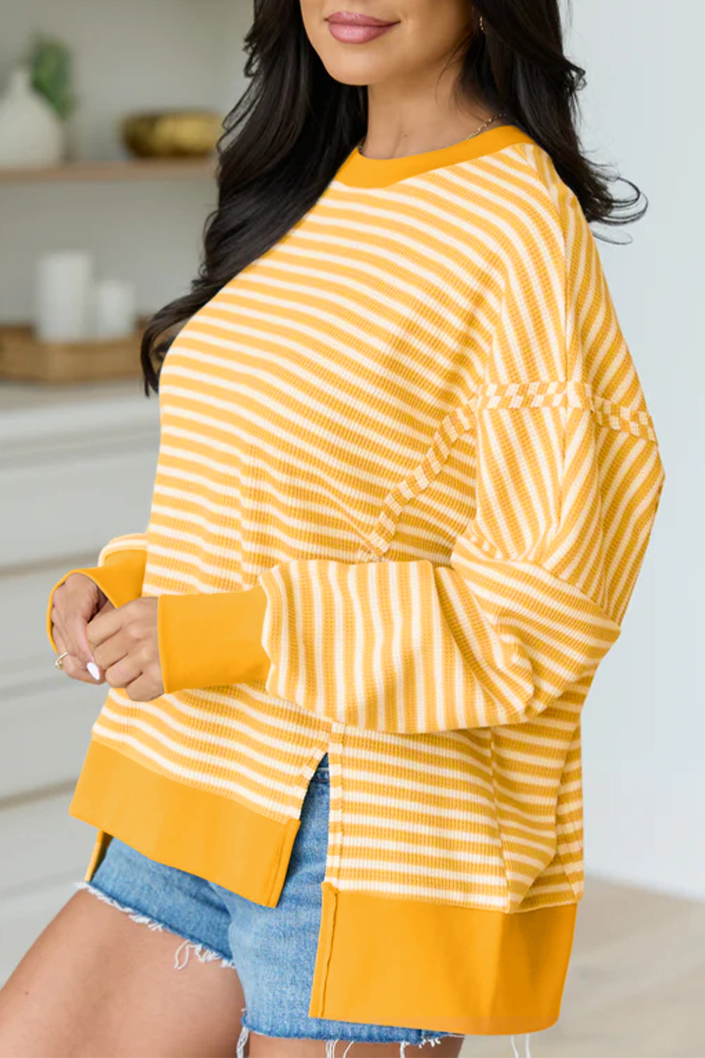 Pink Stripe Textured Knit Color Block Trim Split Hem Long Sleeve Top