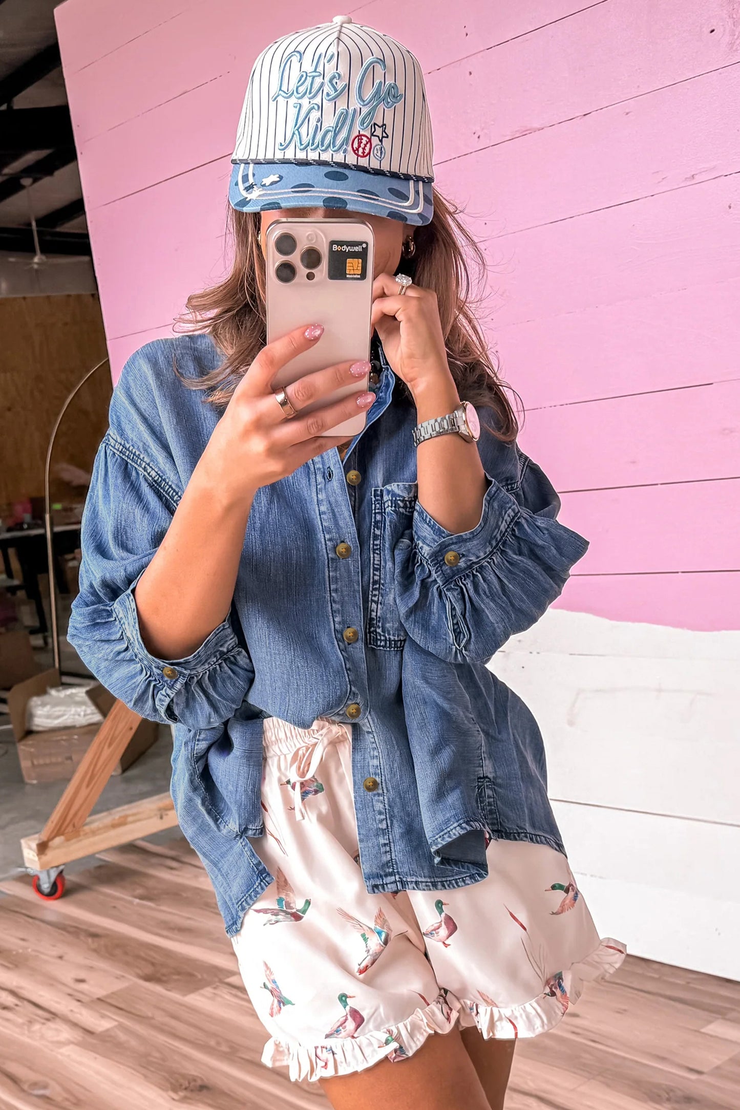 Dusk Blue Three Quarter Sleeve Button Front Loose Denim Shirt