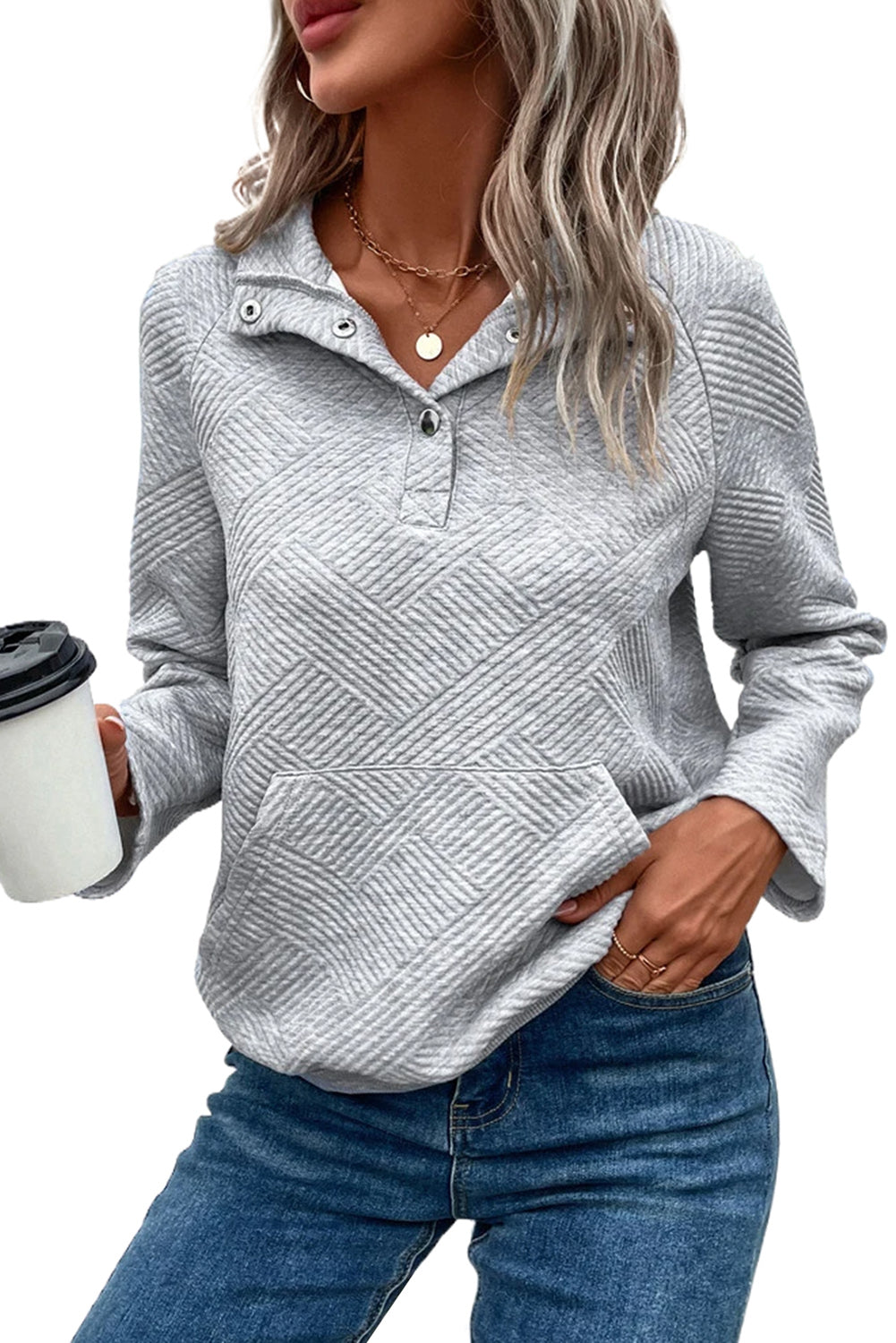 Light Grey Textured Snap Buttons Pullover Plus Size Sweatshirt