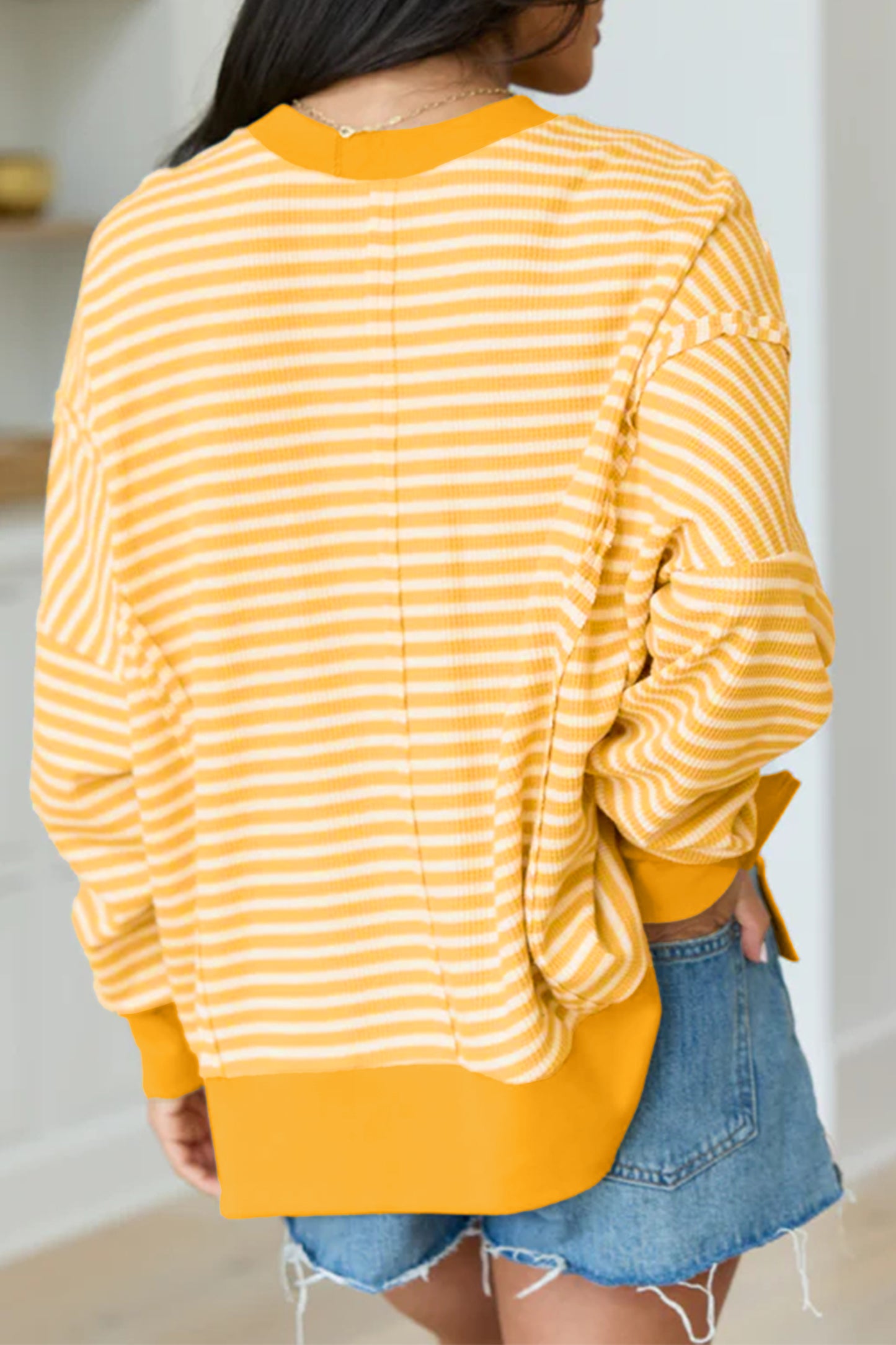 Pink Stripe Textured Knit Color Block Trim Split Hem Long Sleeve Top