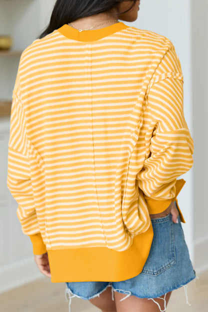 Pink Stripe Textured Knit Color Block Trim Split Hem Long Sleeve Top