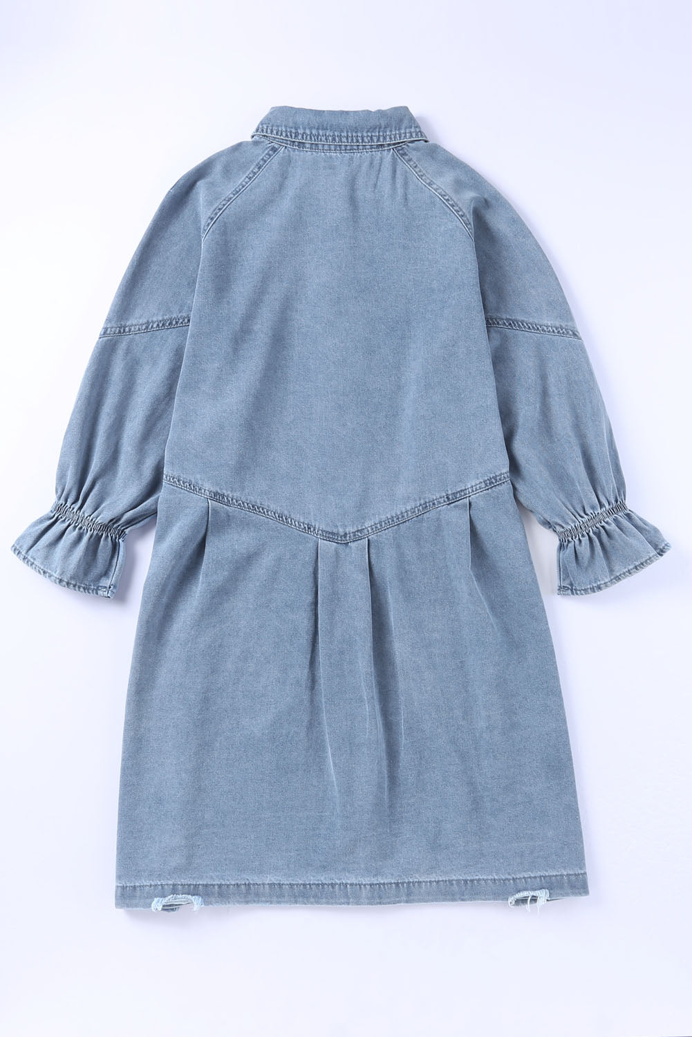 Light Blue Ruffled 3/4 Sleeve Buttoned Front Plus Size Denim Dress