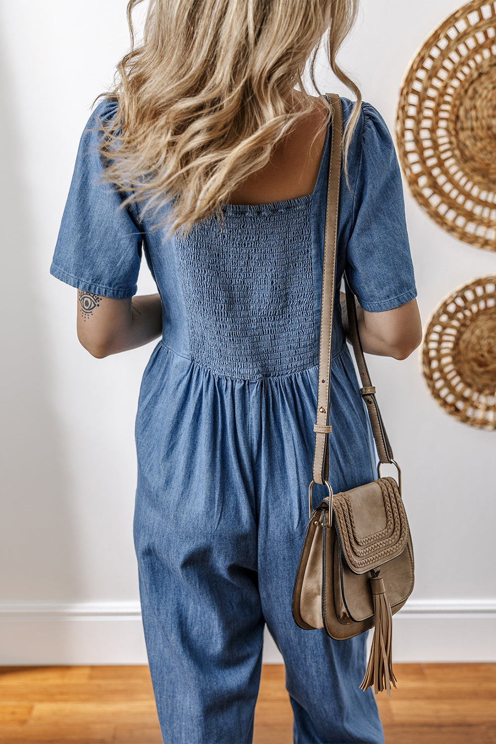 Ashleigh Blue V Neck Short Sleeve Smocked Back Denim Loose Jumpsuit