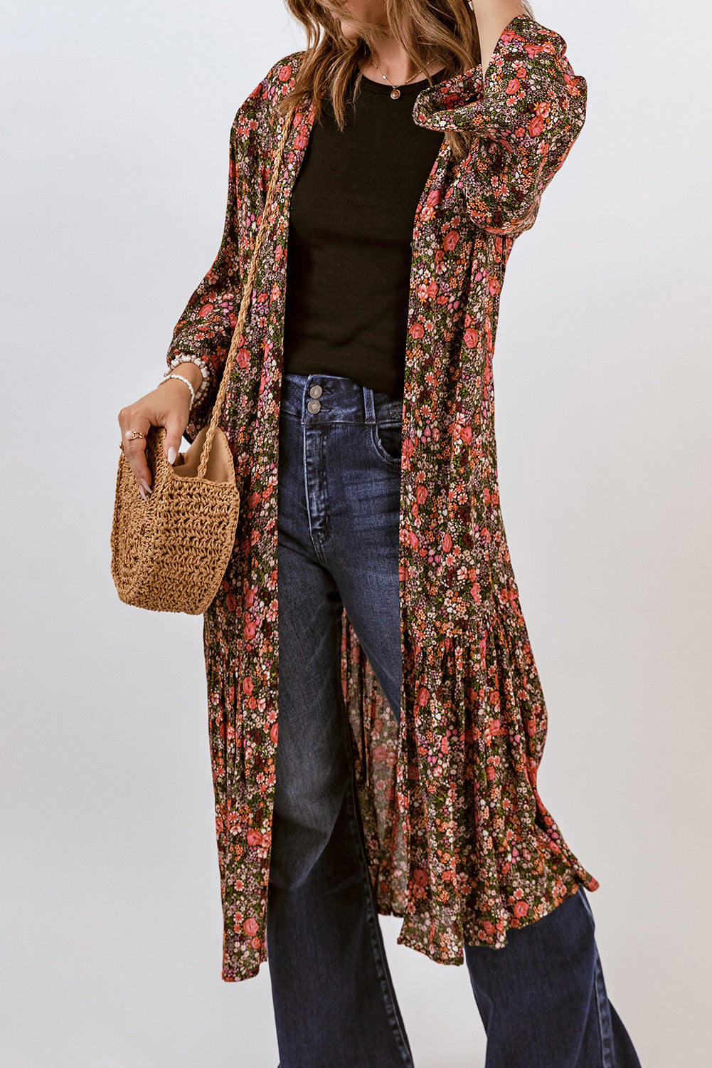 Multicolor Open Front Boho Floral Print Kimono