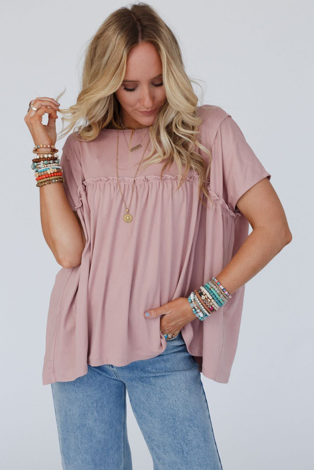 White Ruffled Trim Loose Babydoll Tee