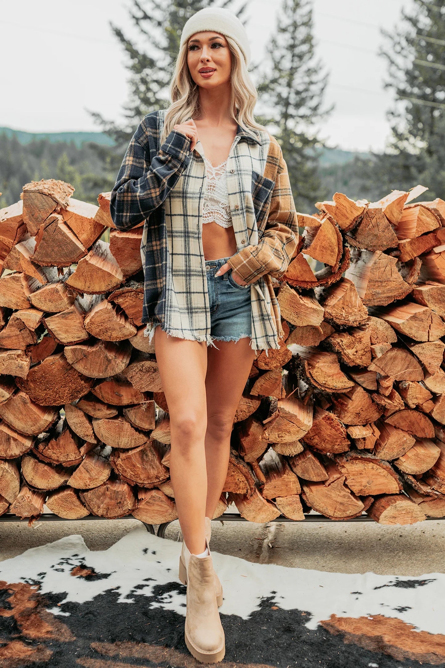 Multicolour Plaid Button-Up Long Sleeve Shift Silhouette Shacket