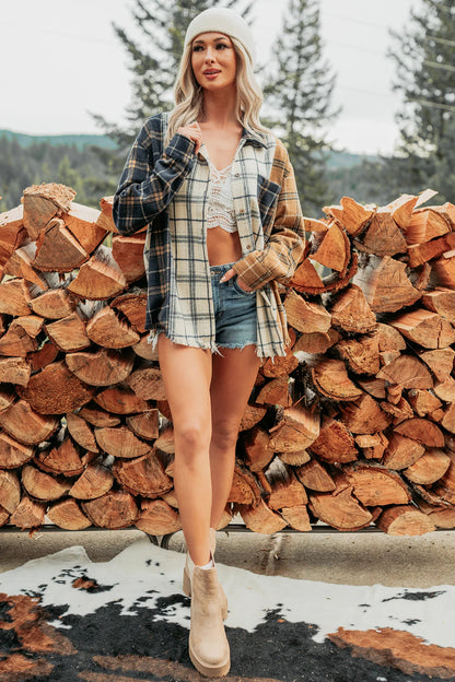 Multicolour Plaid Button-Up Long Sleeve Shift Silhouette Shacket
