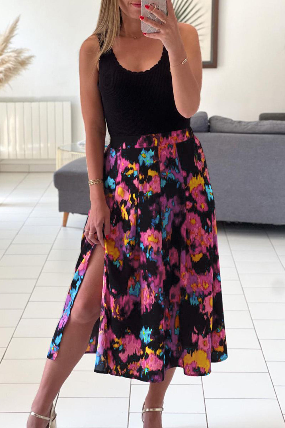 Abstract Floral Print Pleated Slit Skirt