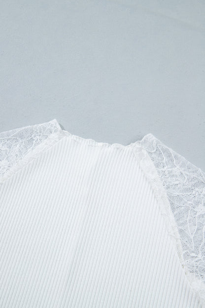 Beige Sheer Lace Long Sleeve Ribbed Slim Top