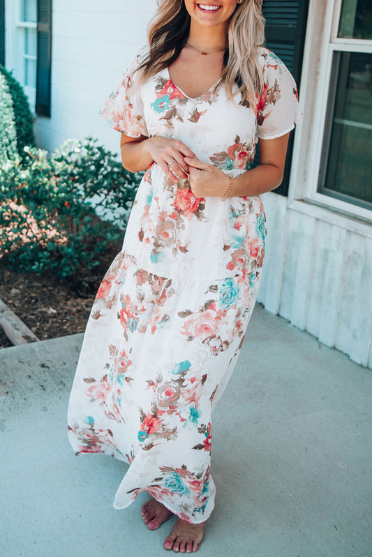 V Neck Short Sleeves Floral Print Maxi Dress