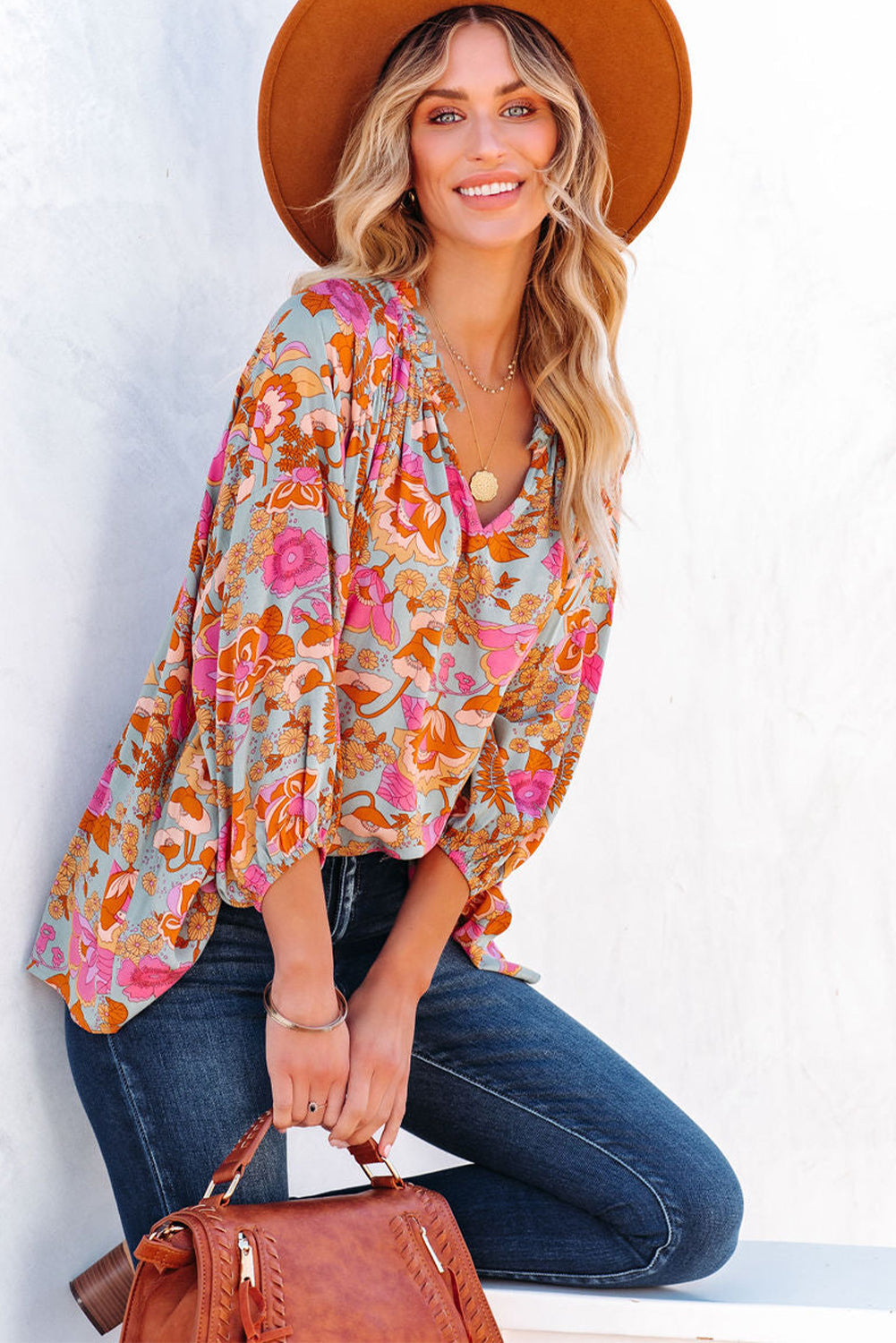 Blue Frilled Off Shoulder Floral Blouse