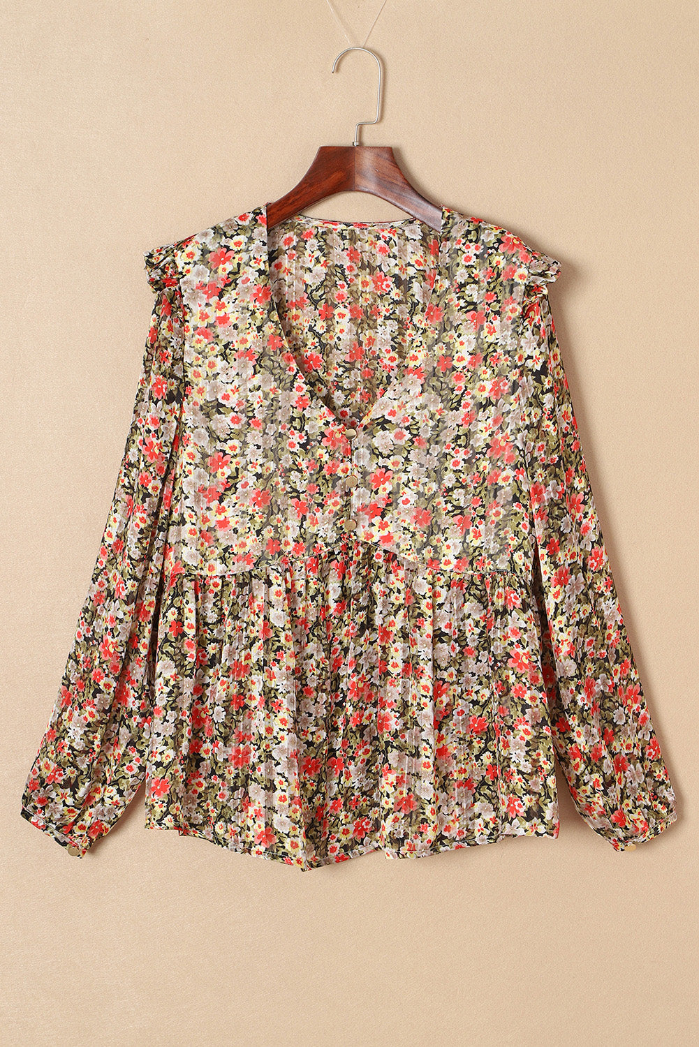 Khaki V Neck Ruffled Babydoll Floral Blouse