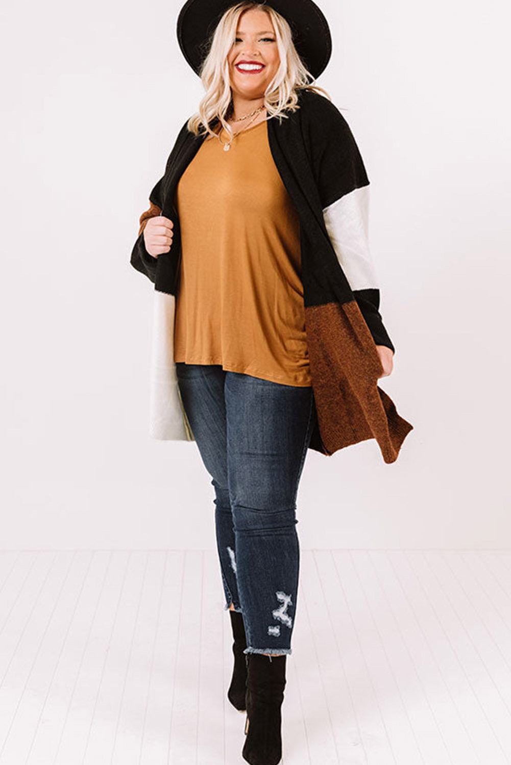 Plus Size Open Front Color Block Cardigan