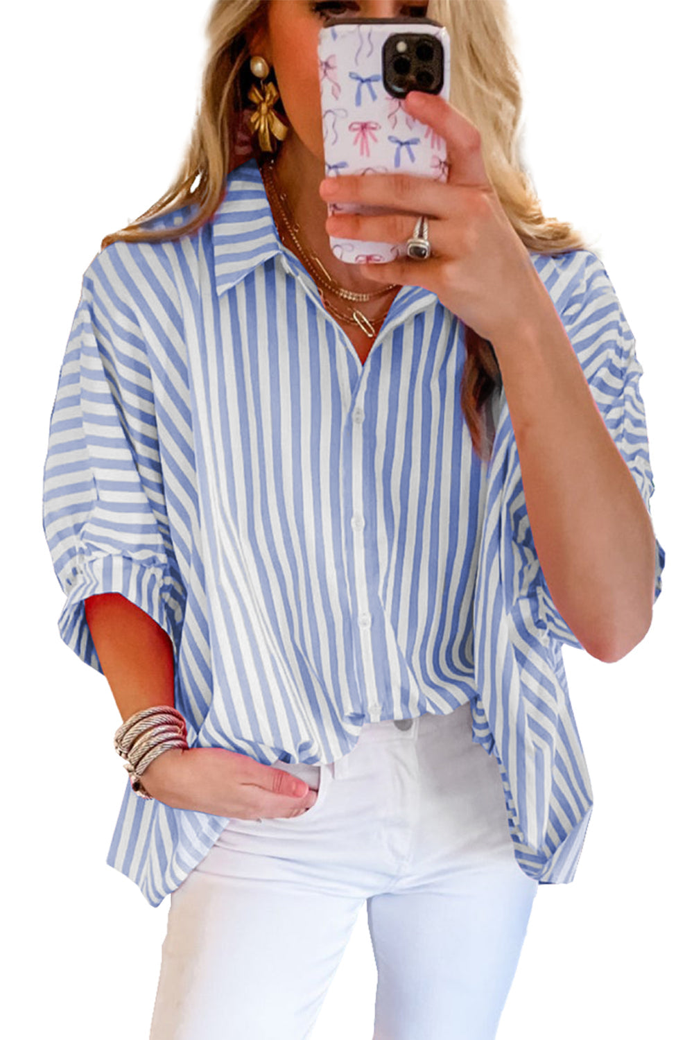 Sky Blue Stripe Dolman Sleeve Oversize Shirt