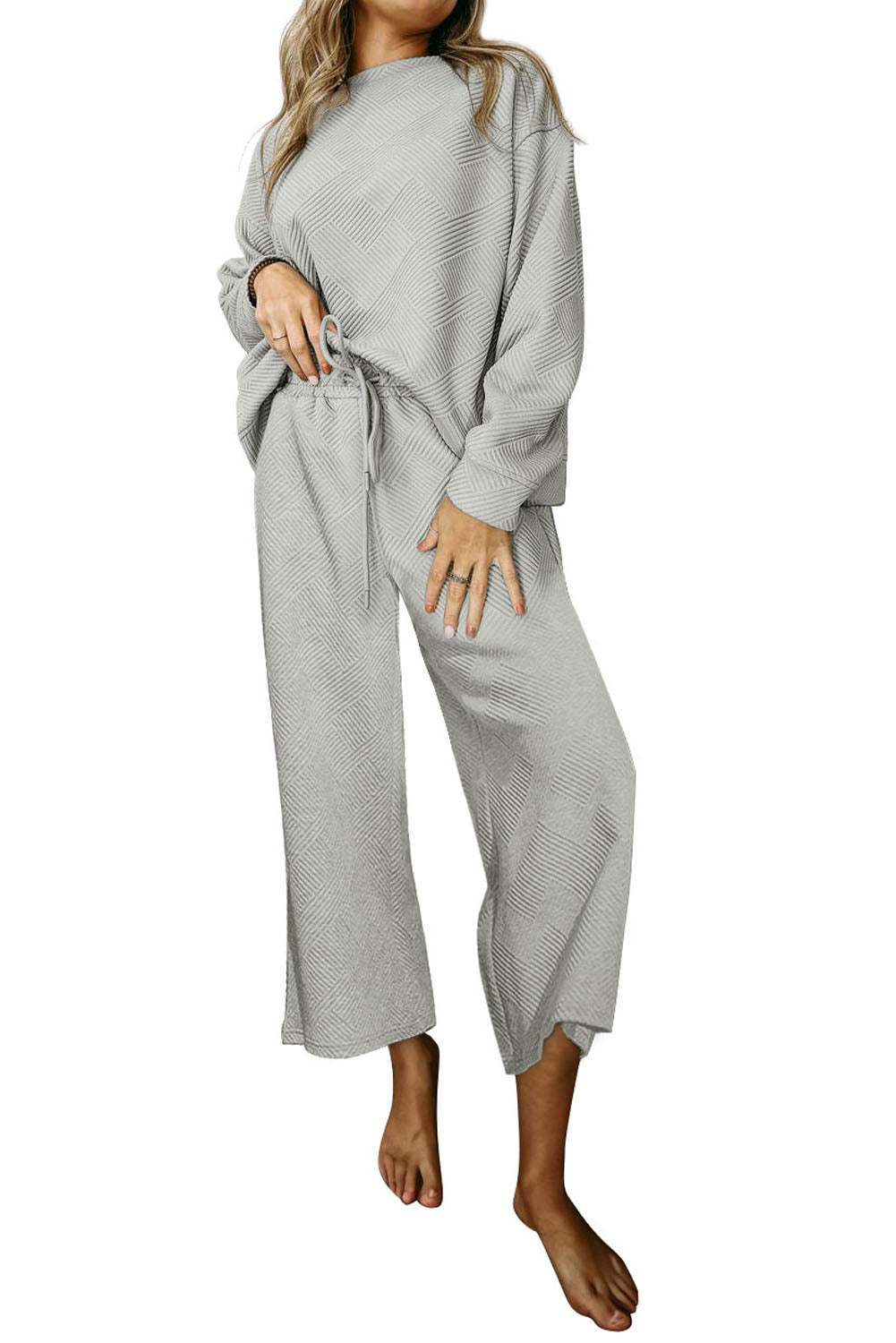 Light Grey Plus Size Textured Casual Two-Piece Pants Set