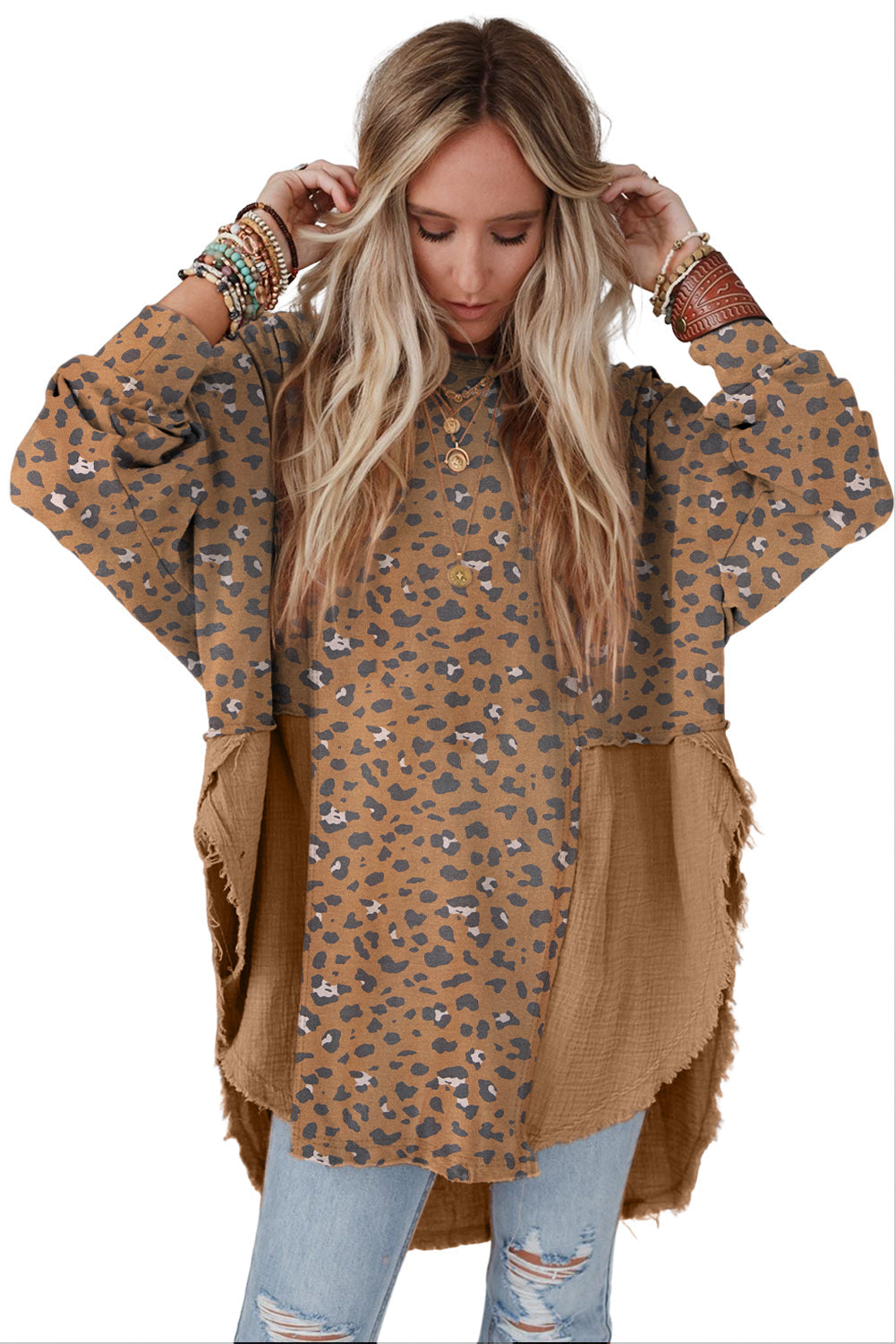 Pink Raw Edge Leopard Patchwork Oversized Blouse