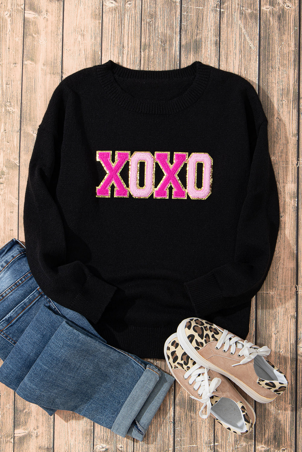 White XOXO Glitter Print Round Neck Casual Sweater