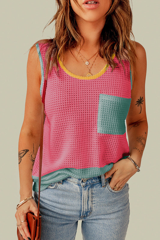 Strawberry Pink Color Block Patched Pocket Breathable Knit Tank Top