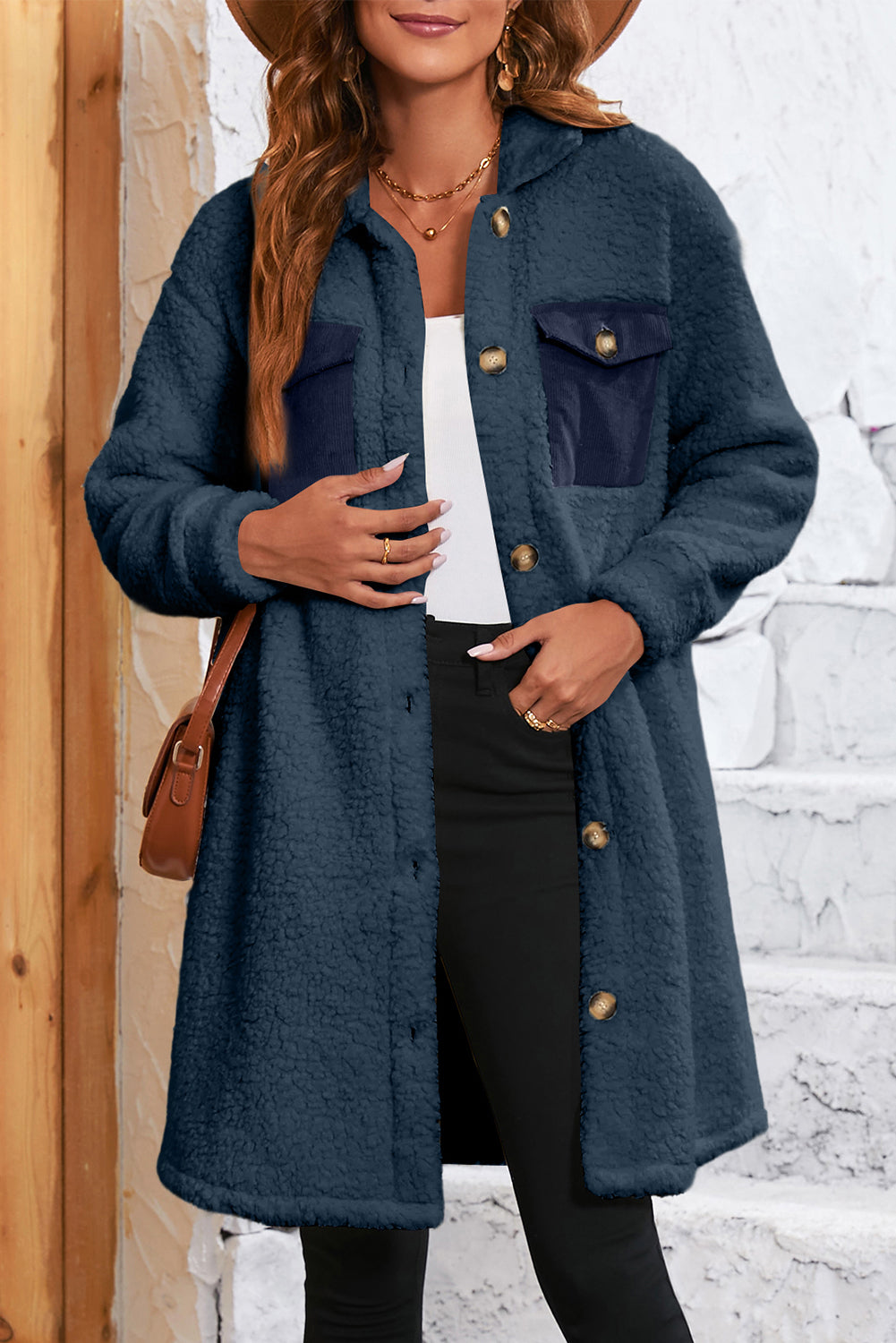 Blue Contrast Flap Pocket Single Breasted Teddy Coat