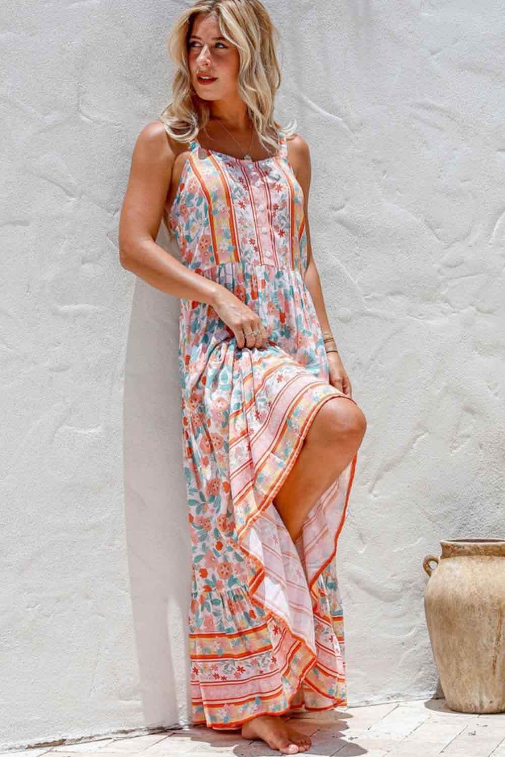 Boho Floral Print Sleeveless Tiered Maxi Dress